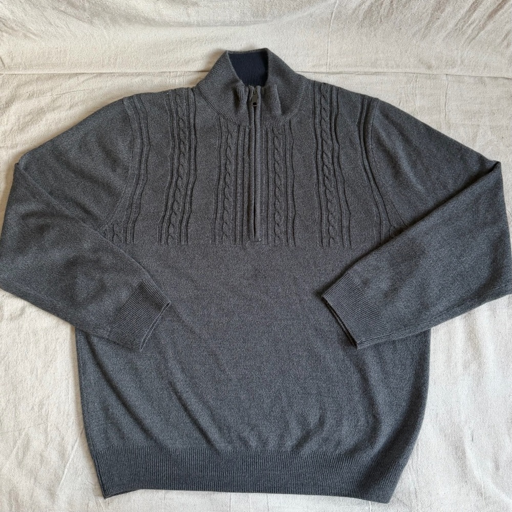 Haggar Mens XL Charcoal Gray Quarter Zip Pullover Sweater Cable Knit Mock Neck